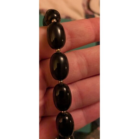 Vintage Black Beaded Necklace Gold-tone separator beads 24 Inches Elegant Oval - Picture 7 of 10